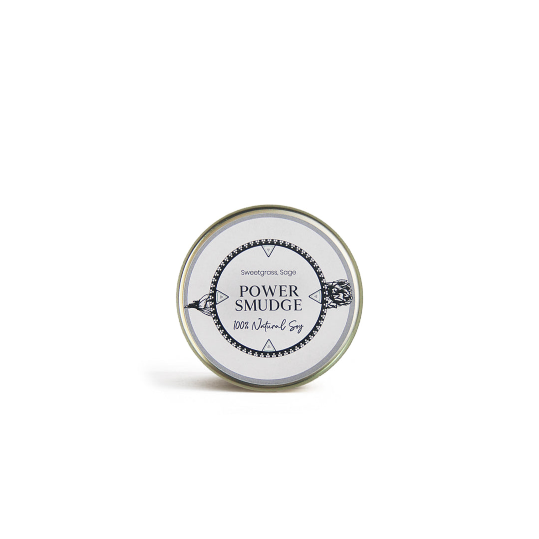 LODGE's 4oz travel tin candle in the scent Power Smudge.